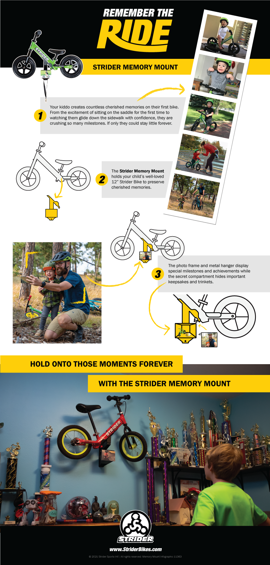 Infographic describing how the Memory Mount helps preserve those precious memories from your child's 12 inch Strider Bike